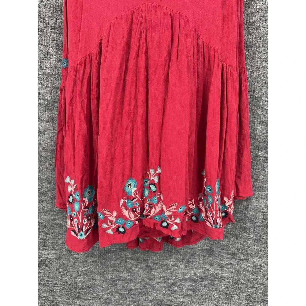 Free People Dress Womens L Red Floral Embroidered V Neck Bell Sleeve Swing Boho